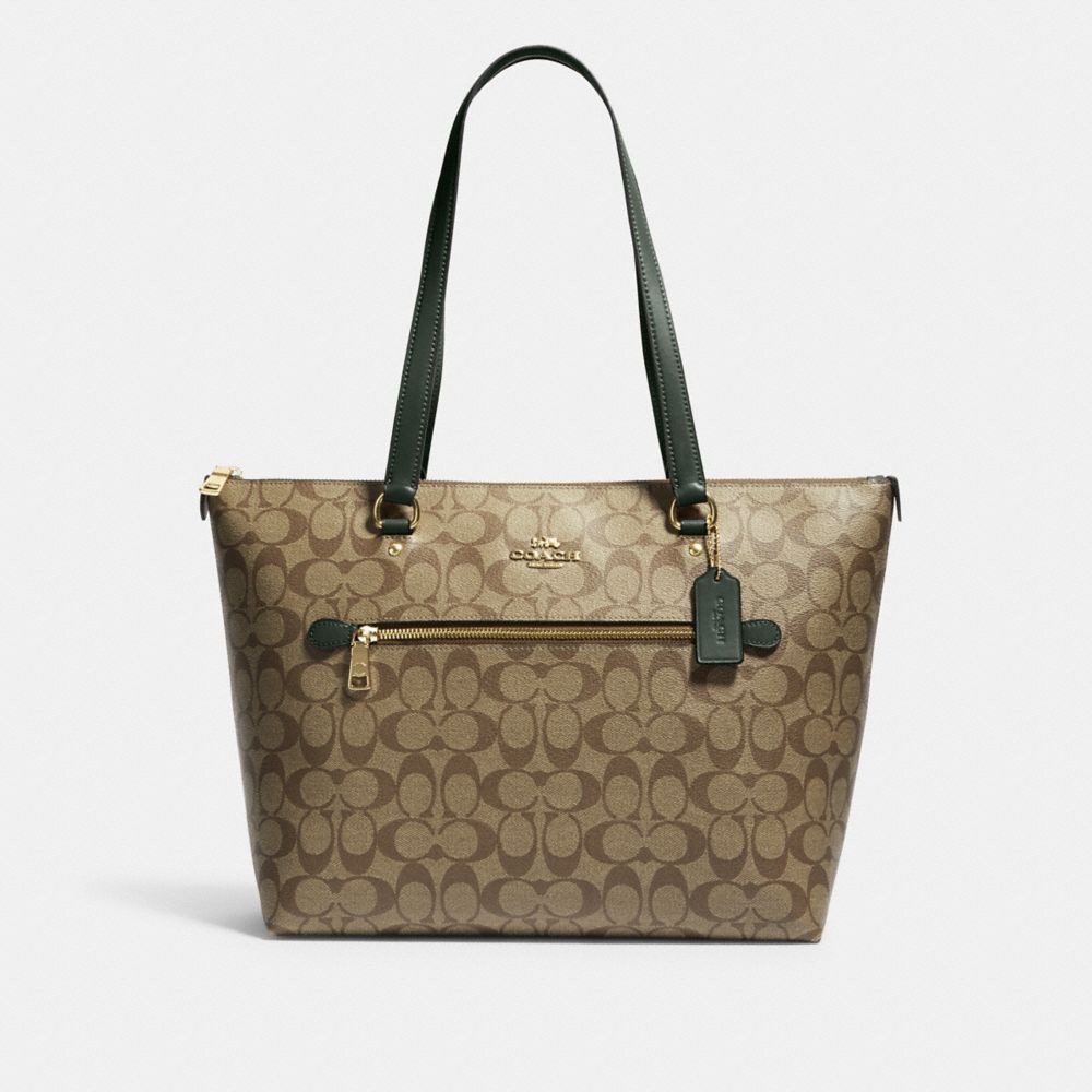 COACH 79609 Gallery Tote In Signature Canvas GOLD/KHAKI/AMAZON GREEN