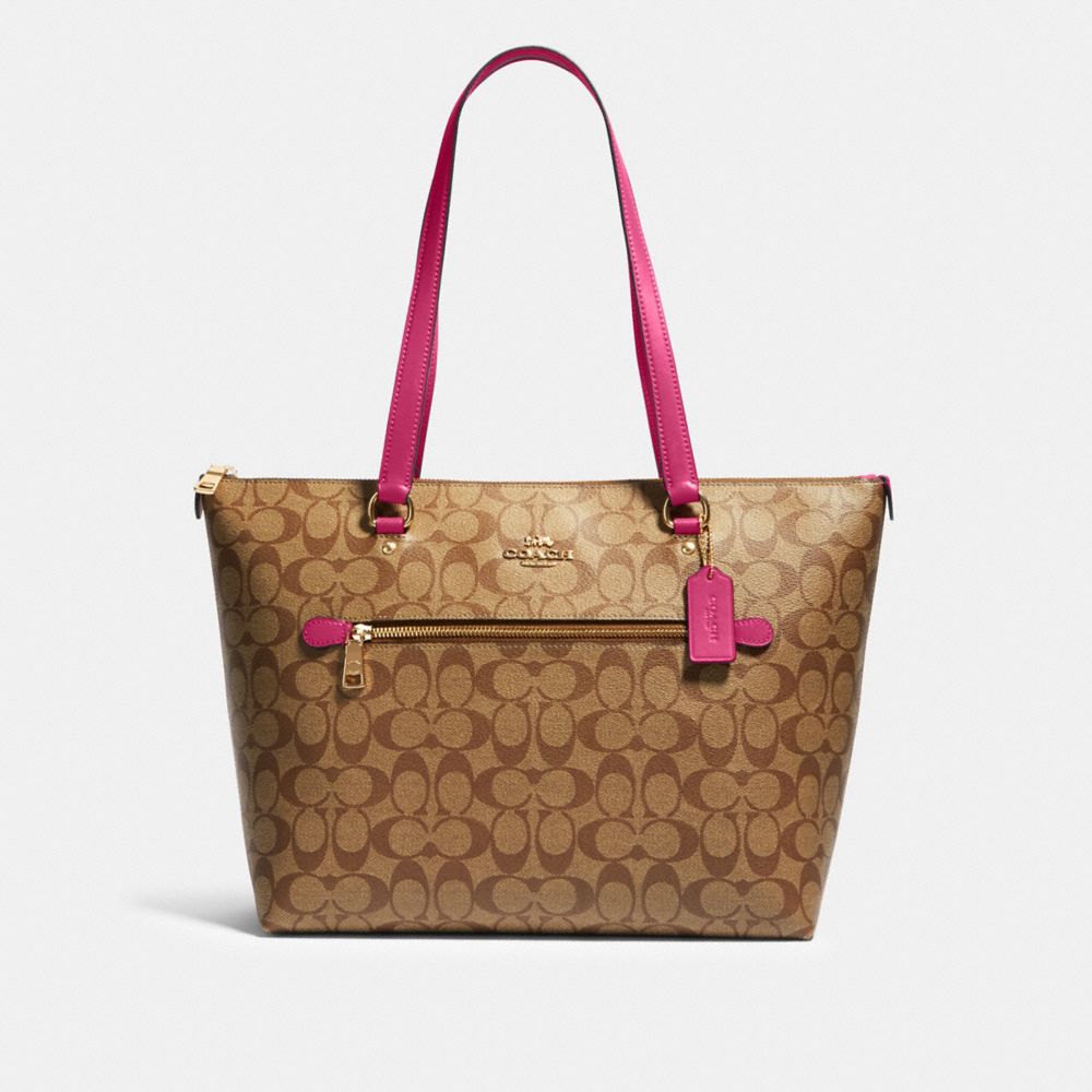 COACH 79609 - Gallery Tote In Signature Canvas GOLD/KHAKI/BOLD PINK
