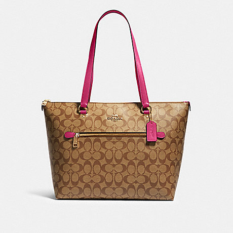 COACH 79609 Gallery Tote In Signature Canvas GOLD/KHAKI/BOLD PINK