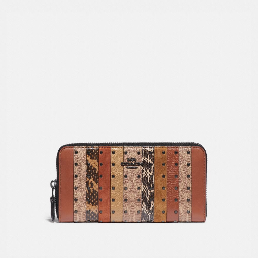 COACH 79628 - ACCORDION ZIP WALLET WITH SIGNATURE CANVAS PATCHWORK STRIPES AND SNAKESKIN DETAIL V5/TAN BLACK MULTI