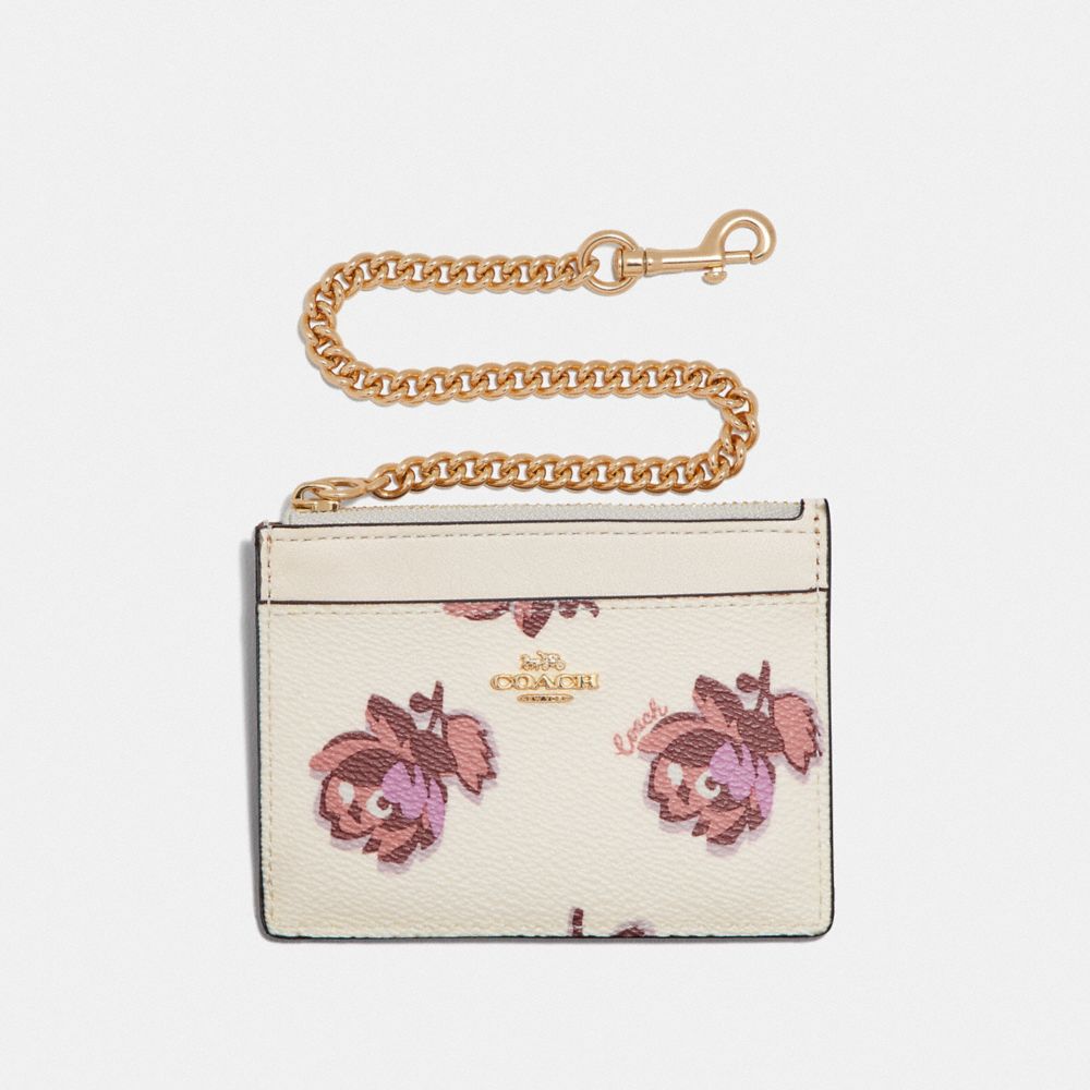 COACH 79631 CHAIN CARD CASE WITH FLORAL PRINT GD/CHALK FLORAL PRINT