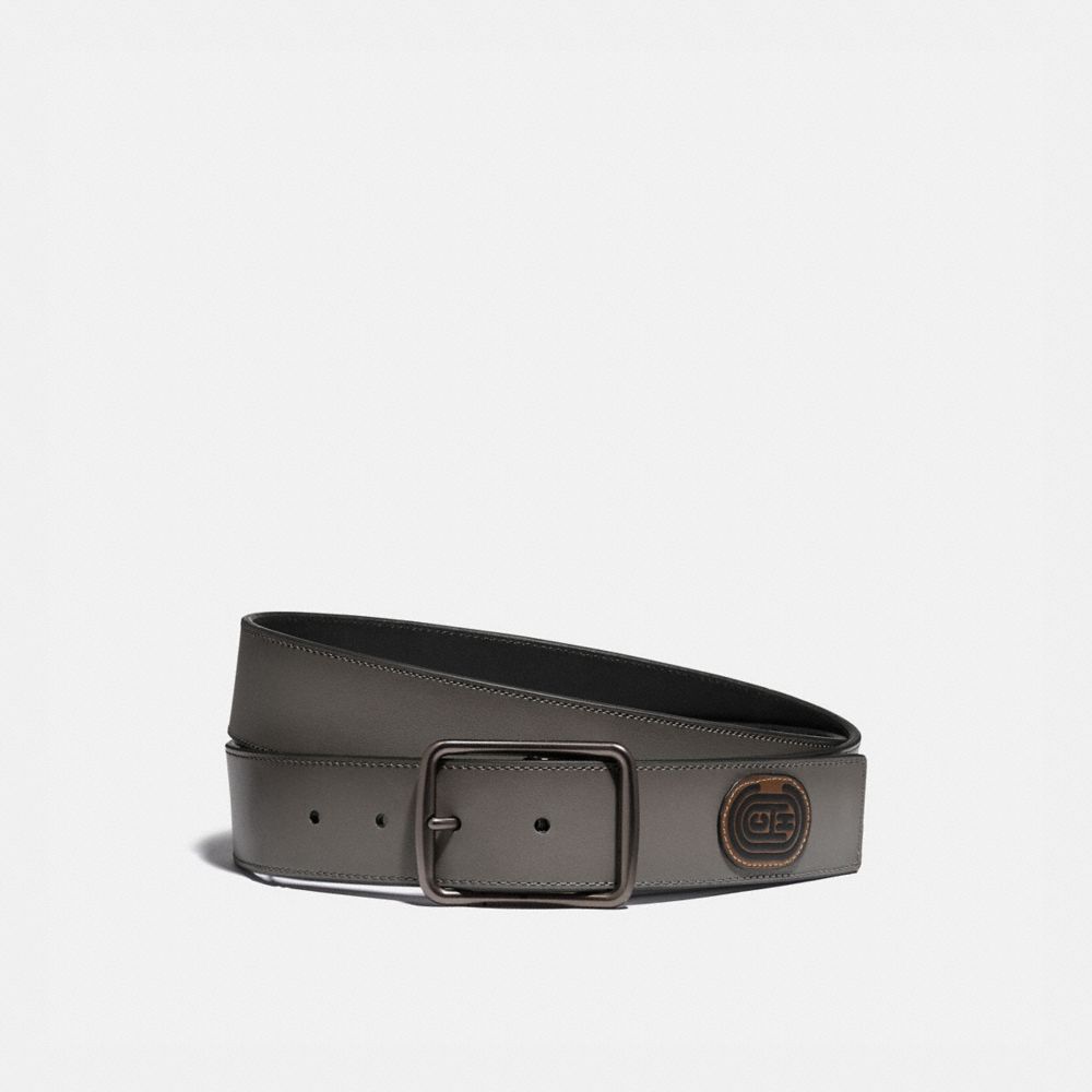 HARNESS BUCKLE CUT-TO-SIZE REVERSIBLE BELT WITH COACH PATCH, 38MM - GREY/BLACK - COACH 79803