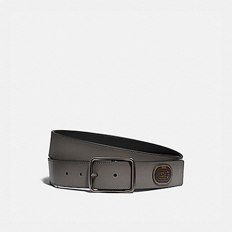 COACH 79803 HARNESS BUCKLE CUT-TO-SIZE REVERSIBLE BELT WITH COACH PATCH, 38MM GREY/BLACK