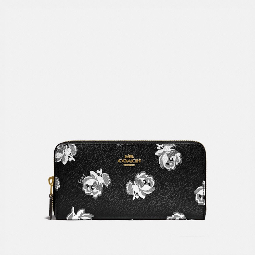 COACH 79814 ACCORDION ZIP WALLET WITH FLORAL PRINT GOLD/BLACK FLORAL PRINT