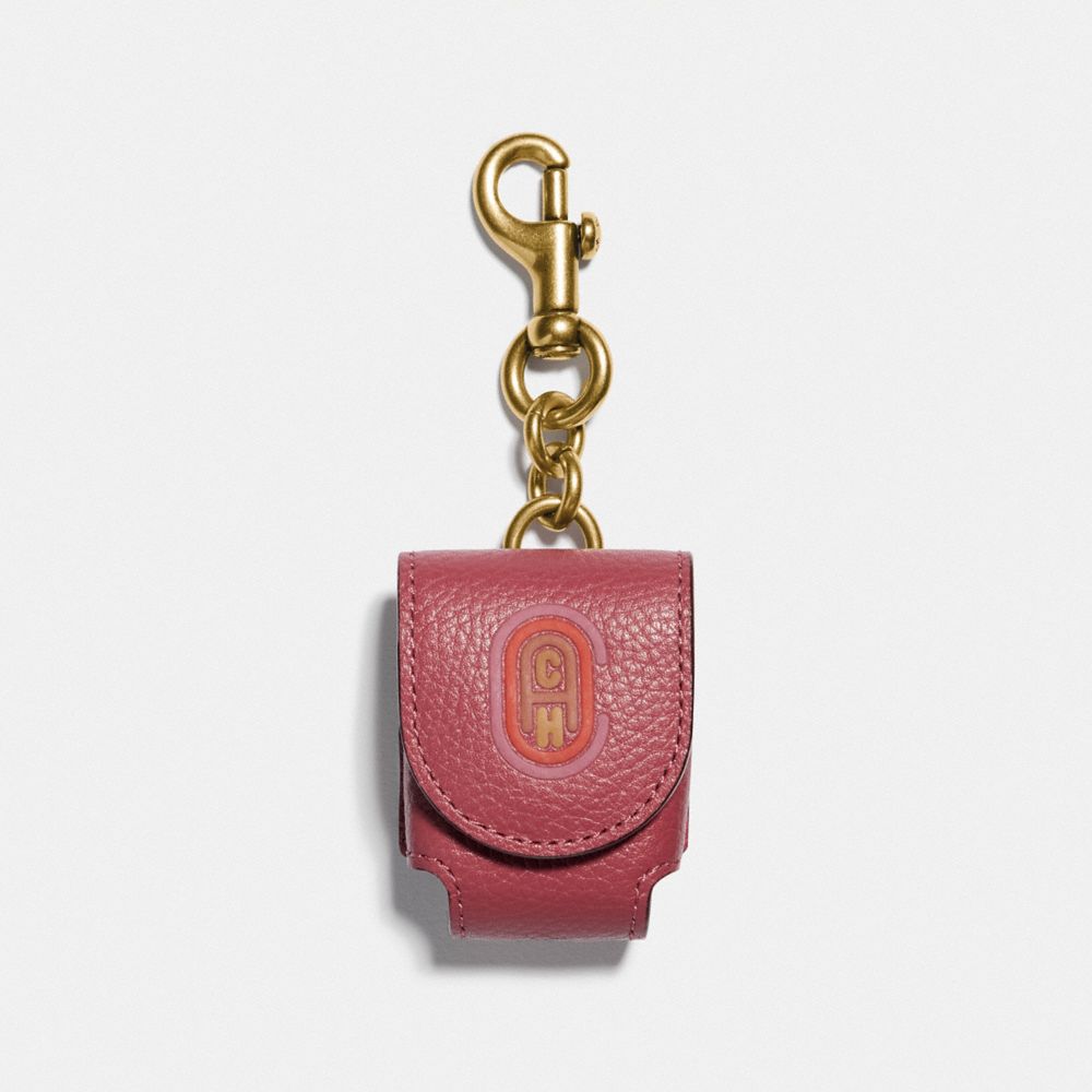 COACH WIRELESS EARBUD CASE BAG CHARM WITH COACH PATCH - GOLD/RED - 79860