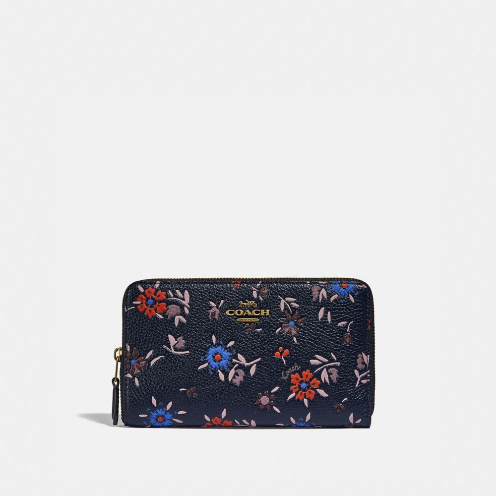 COACH 828 Medium Zip Around Wallet With Wildflower Print BRASS/MIDNIGHT NAVY MULTI