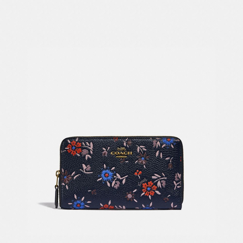 COACH 828 MEDIUM ZIP AROUND WALLET WITH WILDFLOWER PRINT BRASS/MIDNIGHT-NAVY-MULTI