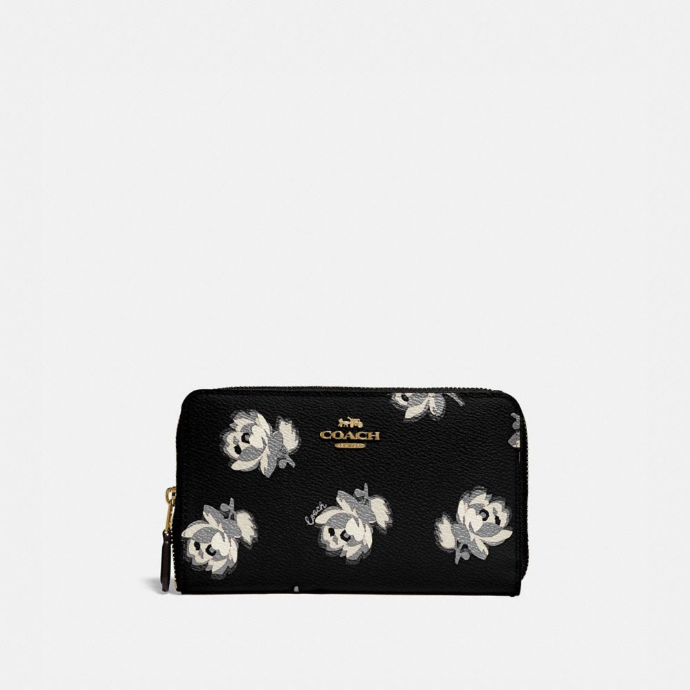 COACH 84963 Medium Zip Around Wallet With Floral Print GOLD/BLACK FLORAL PRINT