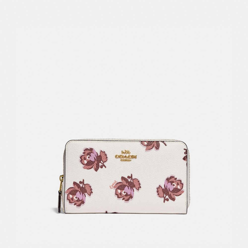 COACH 84963 Medium Zip Around Wallet With Floral Print GOLD/CHALK FLORAL PRINT