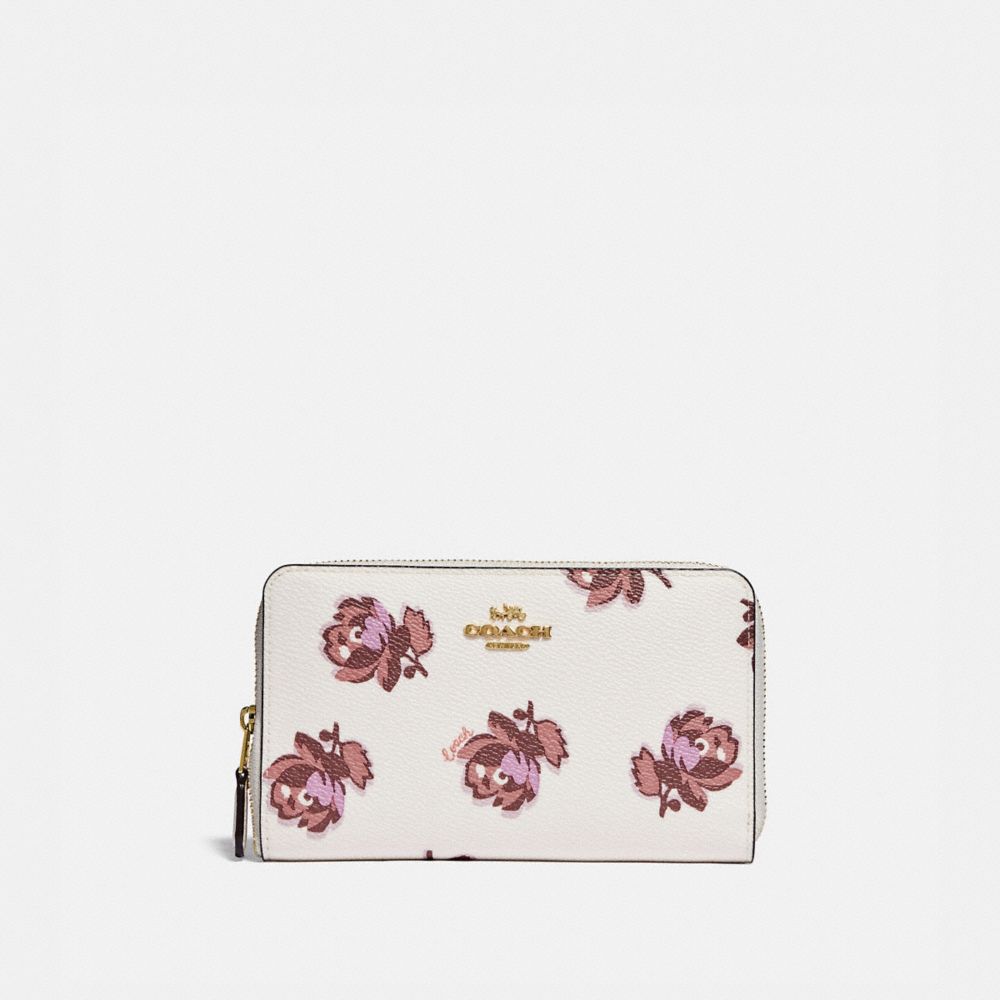 COACH MEDIUM ZIP AROUND WALLET WITH FLORAL PRINT - GOLD/CHALK FLORAL PRINT - 84963