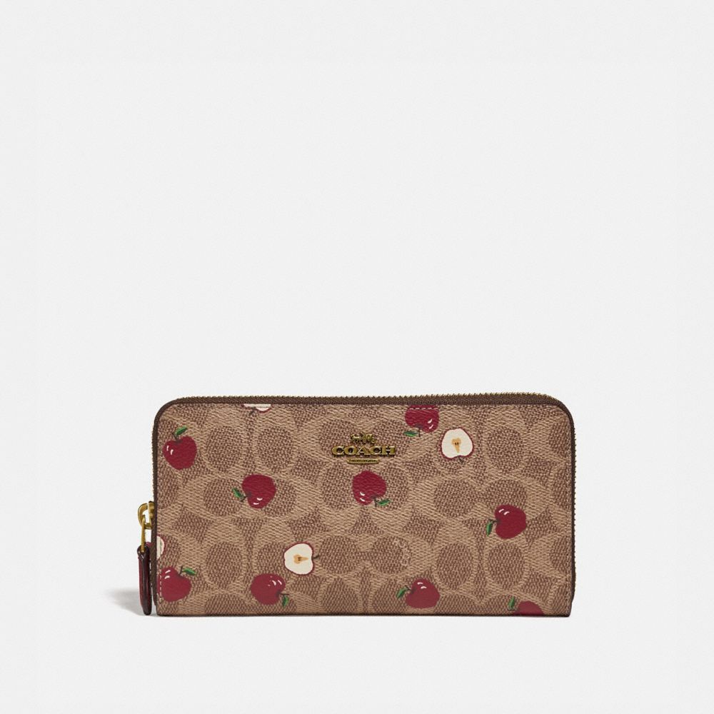 COACH 86093 ACCORDION ZIP WALLET IN SIGNATURE CANVAS WITH SCATTERED APPLE PRINT B4/TAN MULTI