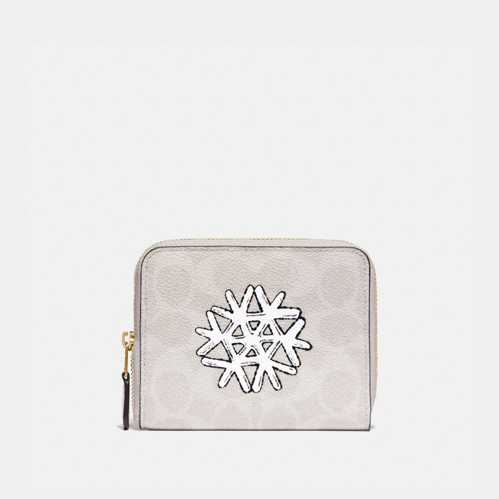 COACH 86104 - Small Zip Around Wallet In Signature Canvas With Snowflake BRASS/IVORY MULTI