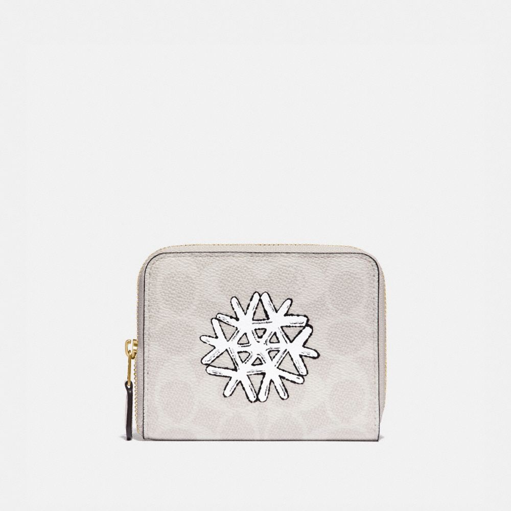 COACH 86104 Small Zip Around Wallet In Signature Canvas With Snowflake BRASS/IVORY MULTI