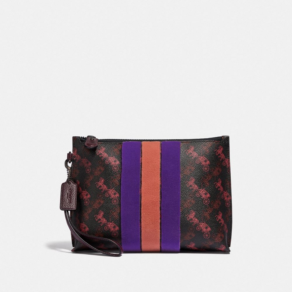 COACH 86113 Charlie Pouch With Horse And Carriage Print And Varsity Stripe PEWTER/BLACK OXBLOOD