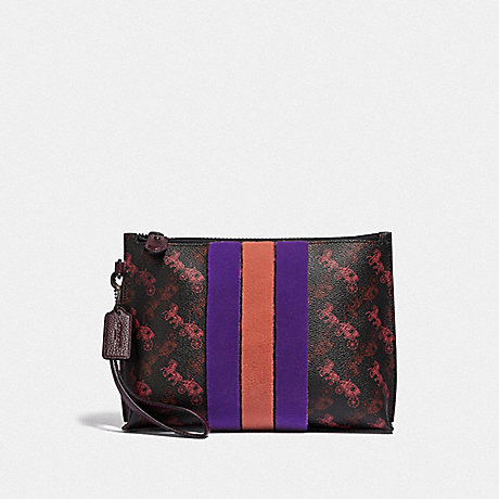 COACH 86113 CHARLIE POUCH WITH HORSE AND CARRIAGE PRINT AND VARSITY STRIPE PEWTER/BLACK-OXBLOOD