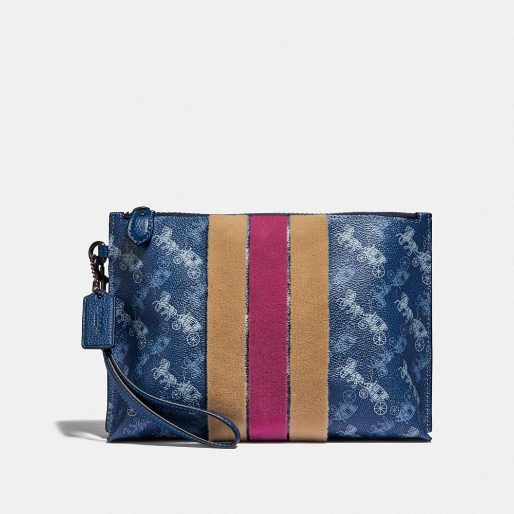 CHARLIE POUCH WITH HORSE AND CARRIAGE PRINT AND VARSITY STRIPE - PEWTER/TRUE BLUE - COACH 86113