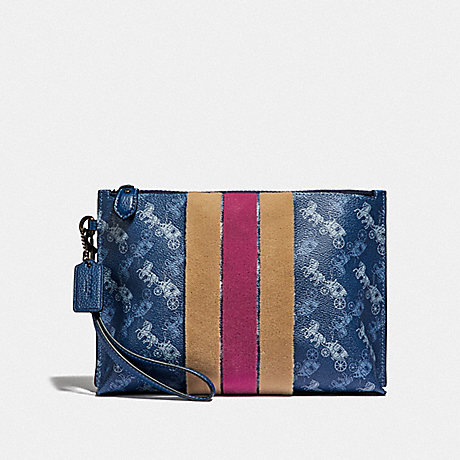 COACH CHARLIE POUCH WITH HORSE AND CARRIAGE PRINT AND VARSITY STRIPE - PEWTER/TRUE BLUE - 86113