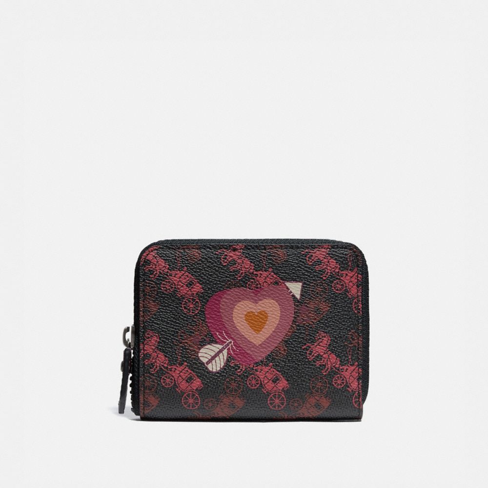 COACH 86395 SMALL ZIP AROUND WALLET WITH HORSE AND CARRIAGE PRINT AND HEART V5/BLACK OXBLOOD