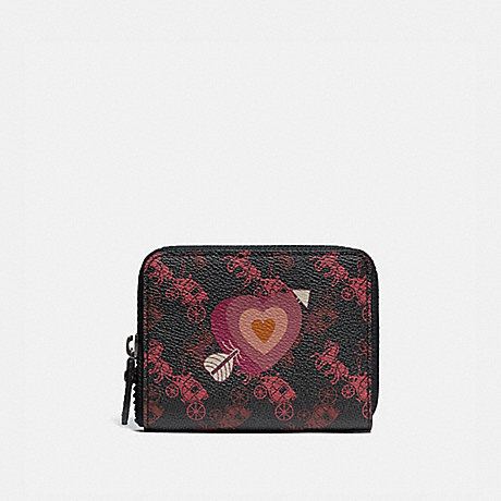 COACH 86395 SMALL ZIP AROUND WALLET WITH HORSE AND CARRIAGE PRINT AND HEART V5/BLACK-OXBLOOD