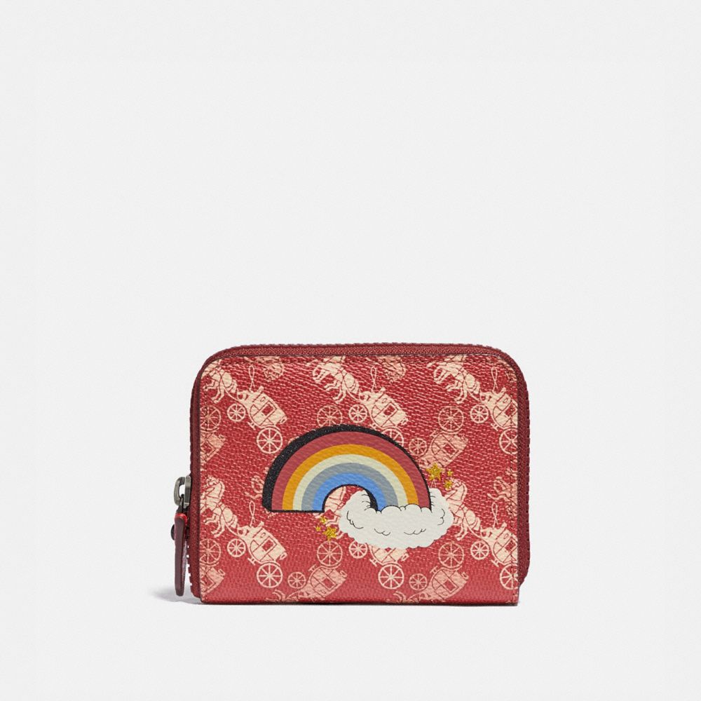 COACH 86396 SMALL ZIP AROUND WALLET WITH HORSE AND CARRIAGE PRINT AND RAINBOW V5/RED DEEP RED