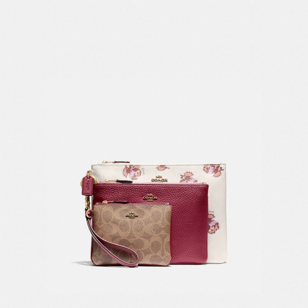 COACH 86399 - TRIPLE POUCH IN SIGNATURE CANVAS AND FLORAL PRINT BRASS/TAN DEEP RED MULTI