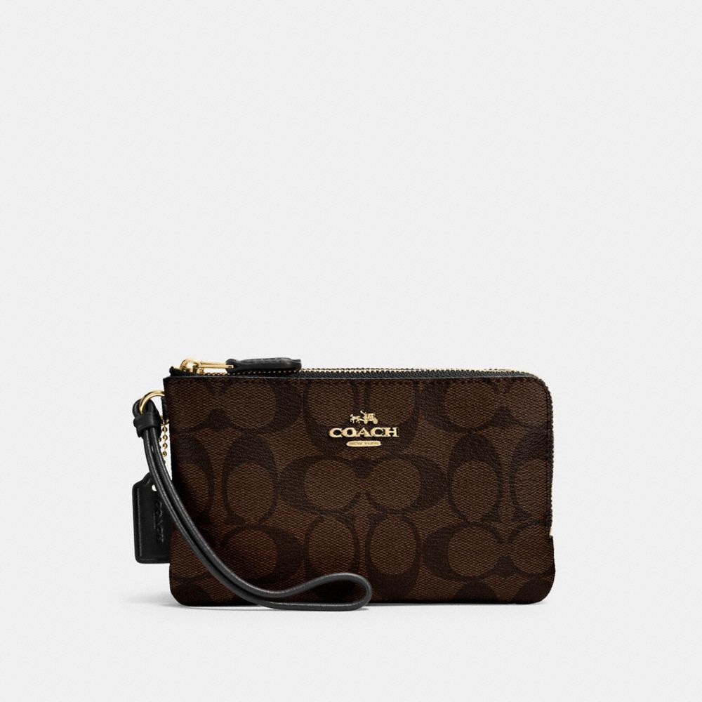 COACH 87591 Double Corner Zip Wristlet In Signature Canvas GOLD/BROWN BLACK