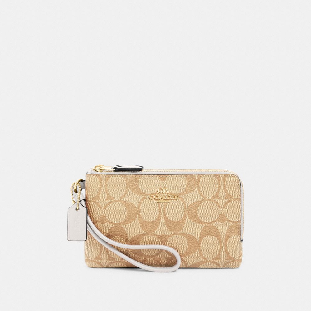 COACH 87591 Double Corner Zip Wristlet In Signature Canvas GOLD/LIGHT KHAKI CHALK