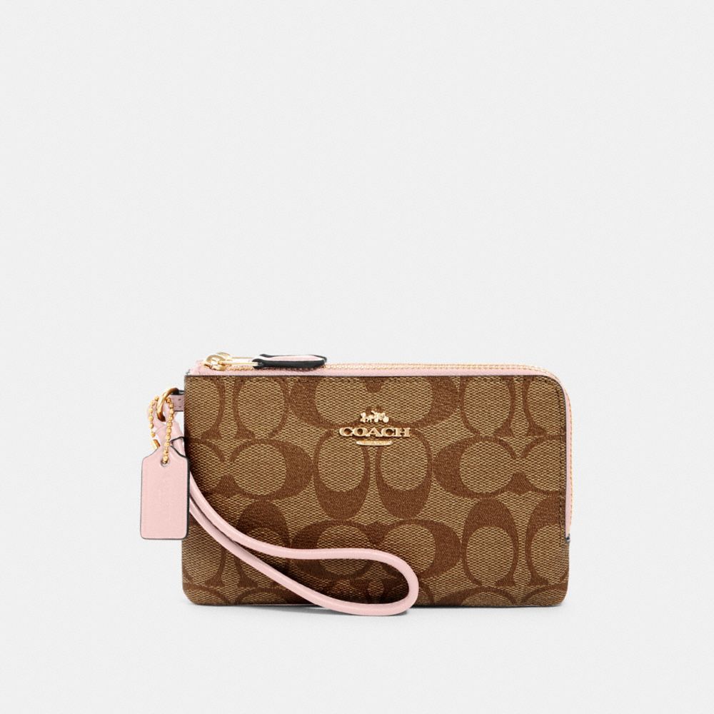 COACH 87591 DOUBLE CORNER ZIP WRISTLET IN SIGNATURE CANVAS IM/KHAKI BLOSSOM