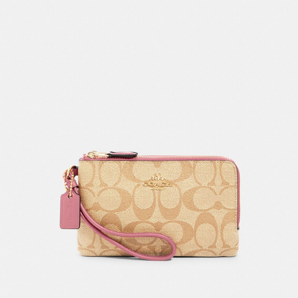 DOUBLE CORNER ZIP WRISTLET IN SIGNATURE CANVAS - 87591 - IM/LIGHT KHAKI ROSE