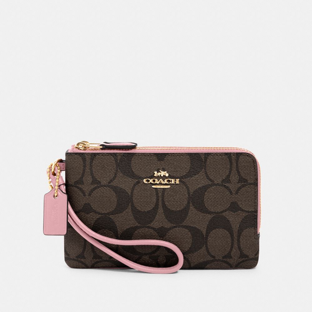 COACH Double Corner Zip Wristlet In Signature Canvas - GOLD/BROWN/TRUE PINK - 87591