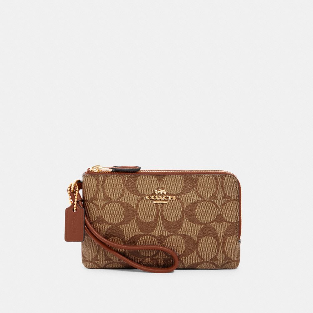 COACH DOUBLE CORNER ZIP WRISTLET IN SIGNATURE CANVAS - IM/KHAKI REDWOOD - 87591