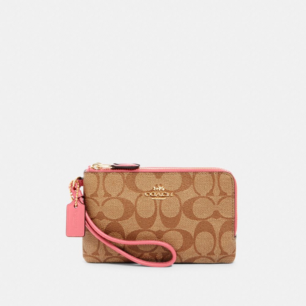 COACH Double Corner Zip Wristlet In Signature Canvas - GOLD/CHALK/TAFFY - 87591