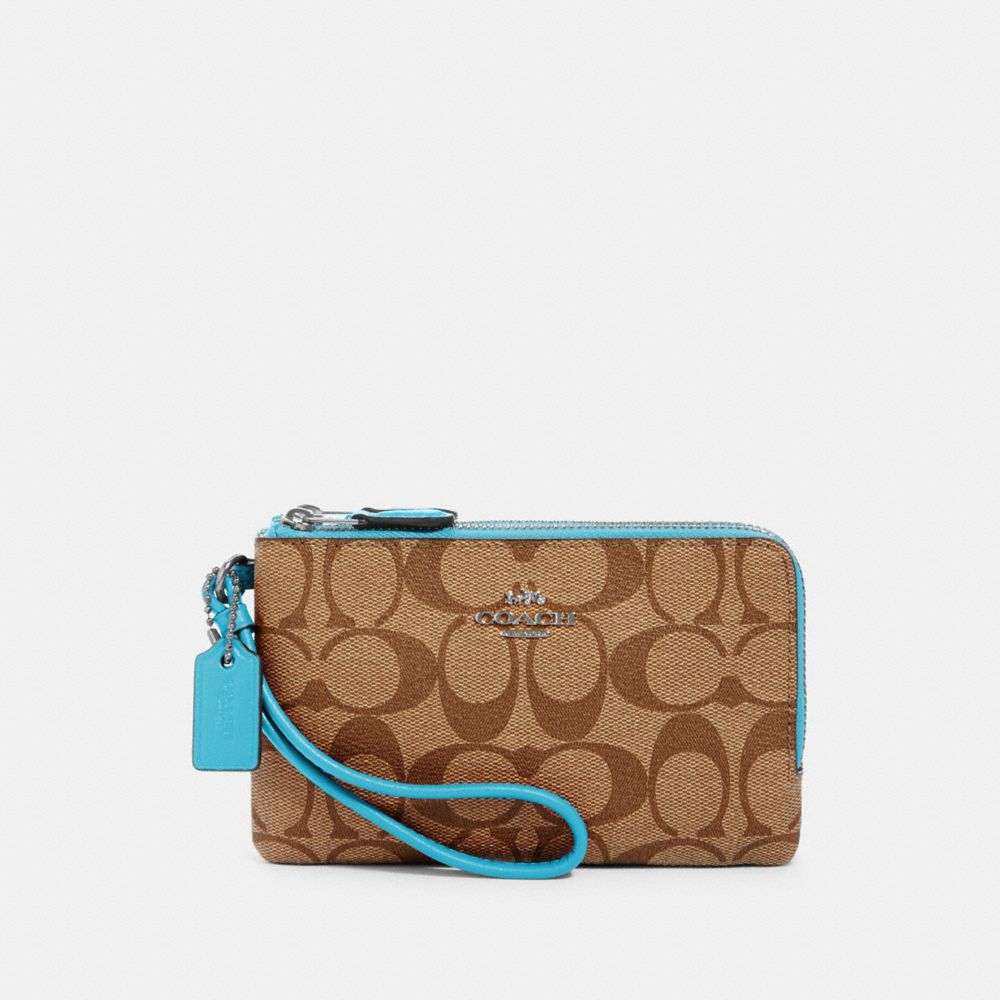 DOUBLE CORNER ZIP WRISTLET IN SIGNATURE CANVAS - SV/KHAKI/AQUA - COACH 87591