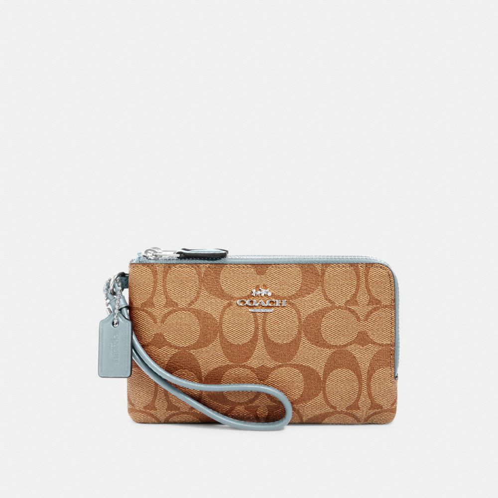 COACH 87591 Double Corner Zip Wristlet In Signature Canvas SV/KHAKI/POWDER BLUE