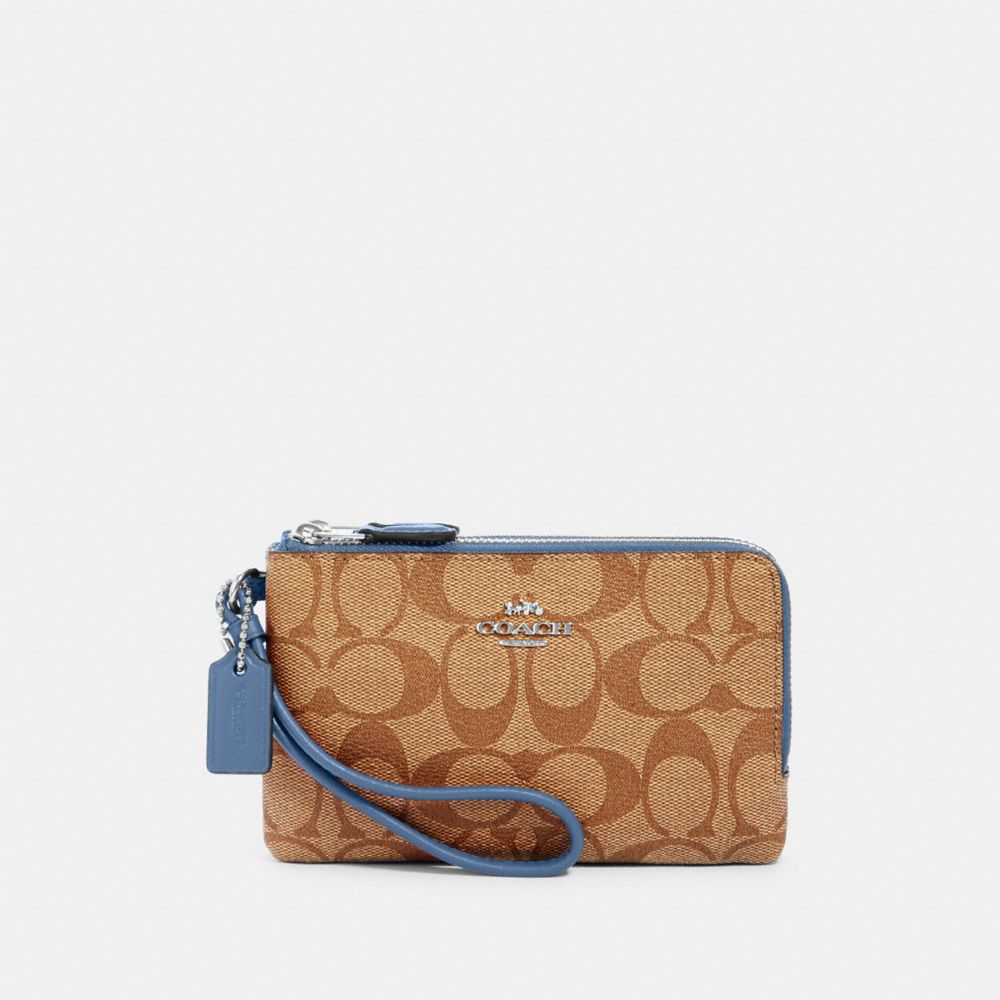 COACH Double Corner Zip Wristlet In Signature Canvas - SILVER/KHAKI/STONE BLUE - 87591