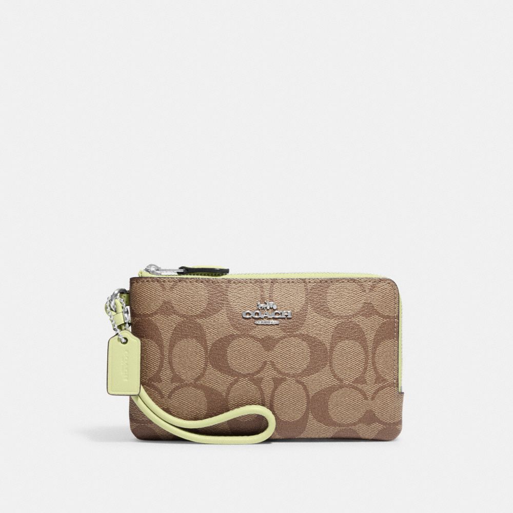 COACH 87591 Double Corner Zip Wristlet In Signature Canvas Silver/Khaki/Pale Lime