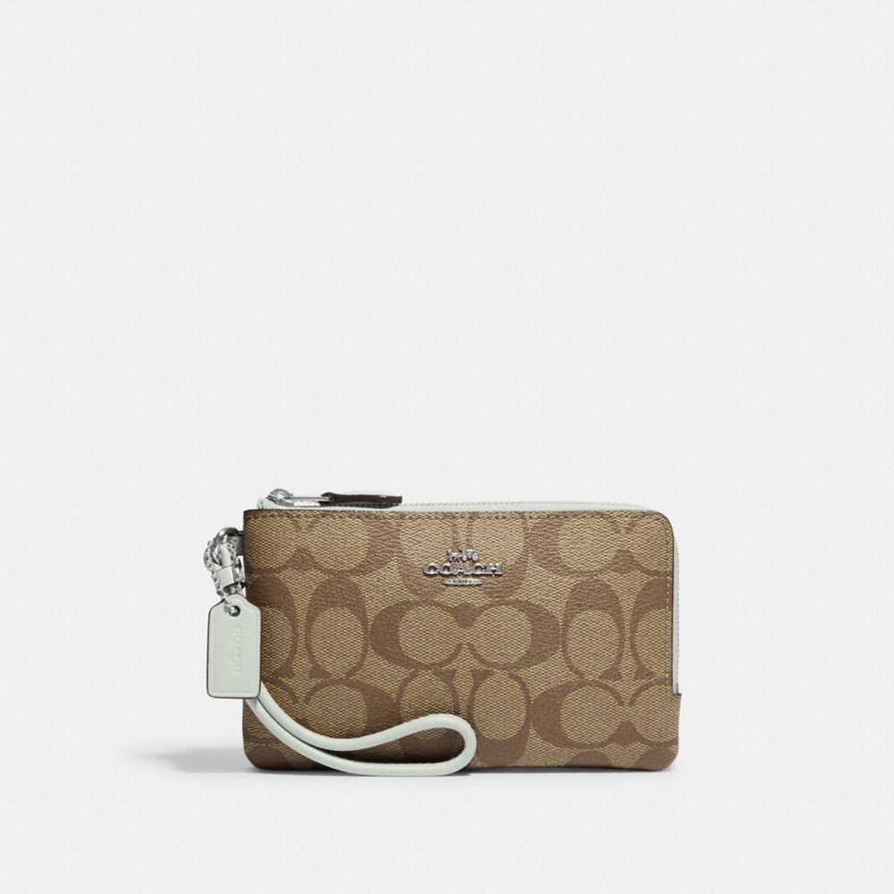 COACH 87591 Double Corner Zip Wristlet In Signature Canvas Silver/Khaki/Light Sage