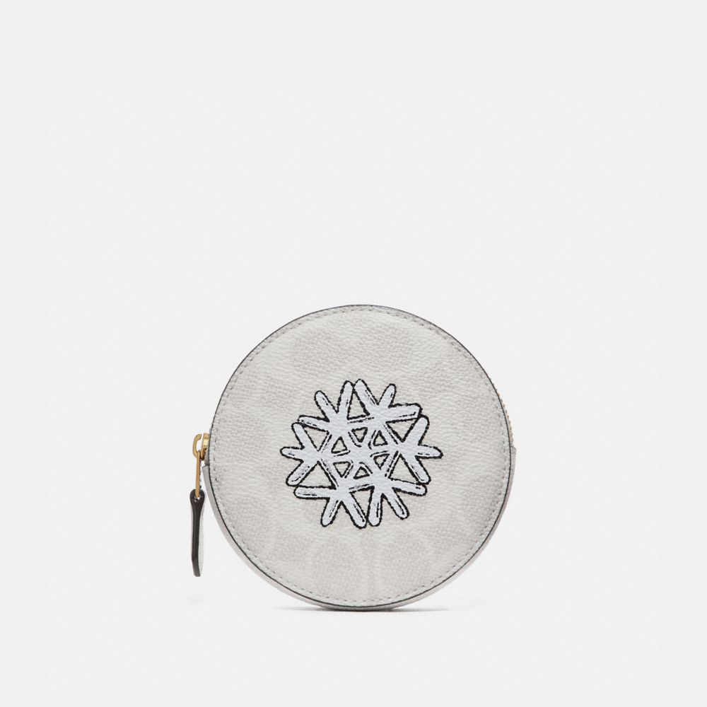 ROUND COIN CASE IN SIGNATURE CANVAS WITH SNOWFLAKE MOTIF - B4/IVORY CHALK - COACH 87644