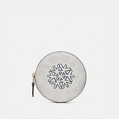 COACH 87644 ROUND COIN CASE IN SIGNATURE CANVAS WITH SNOWFLAKE MOTIF B4/IVORY CHALK