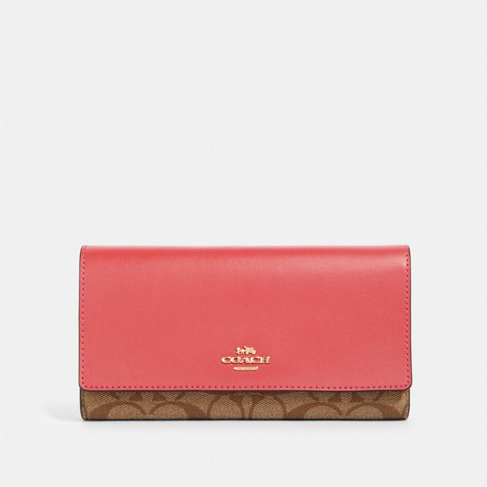 COACH TRIFOLD WALLET IN SIGNATURE CANVAS - IM/KHAKI POPPY - 88024