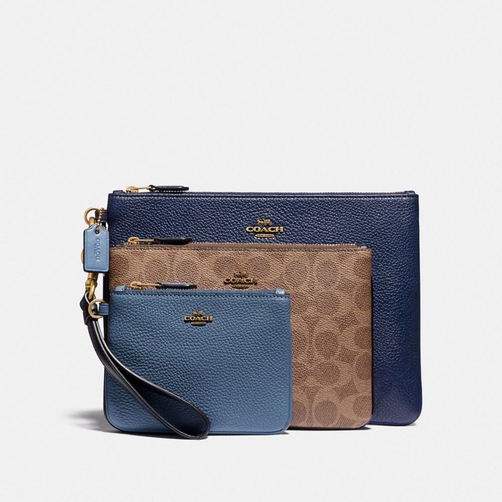 COACH TRIPLE POUCH IN SIGNATURE CANVAS - B4/TAN STONE BLUE MULTI - 88076