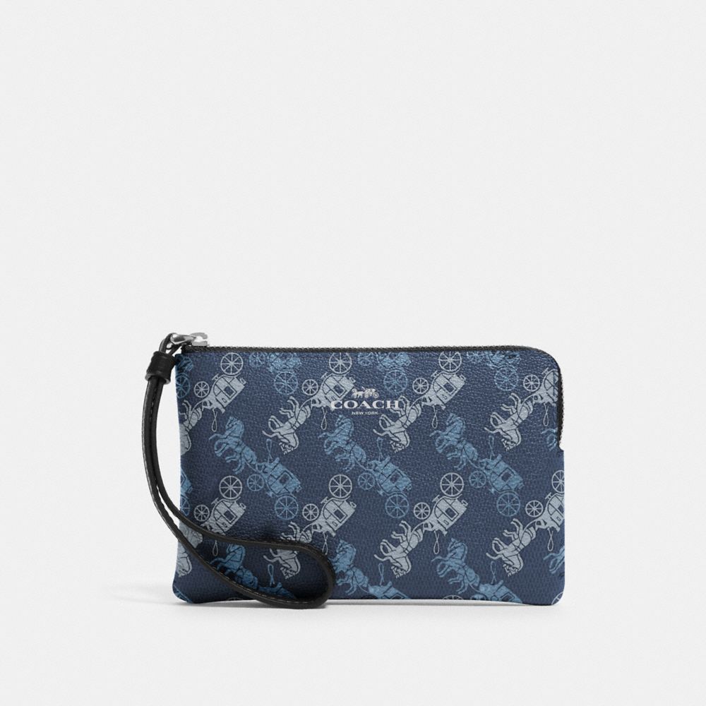 COACH CORNER ZIP WRISTLET WITH HORSE AND CARRIAGE PRINT - SV/INDIGO PALE BLUE MULTI - 88083