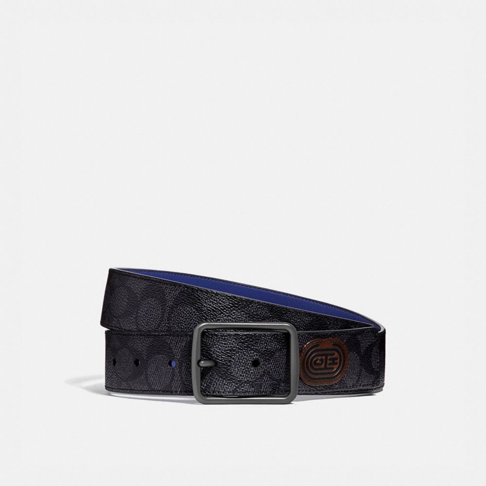 COACH 88138 - HARNESS BUCKLE CUT-TO-SIZE REVERSIBLE BELT WITH COACH PATCH, 38MM CHARCOAL/SPORT BLUE