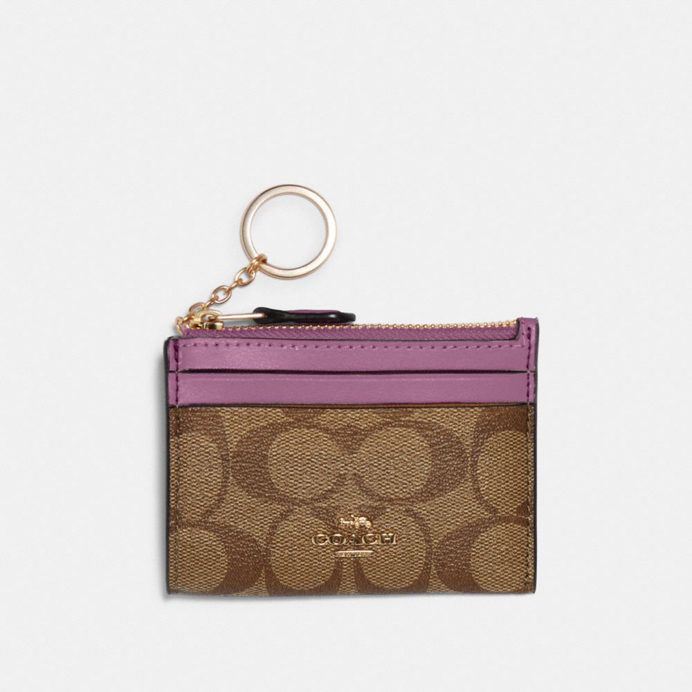 COACH 88208 MINI SKINNY ID CASE IN SIGNATURE CANVAS IM/KHAKI/LILAC BERRY