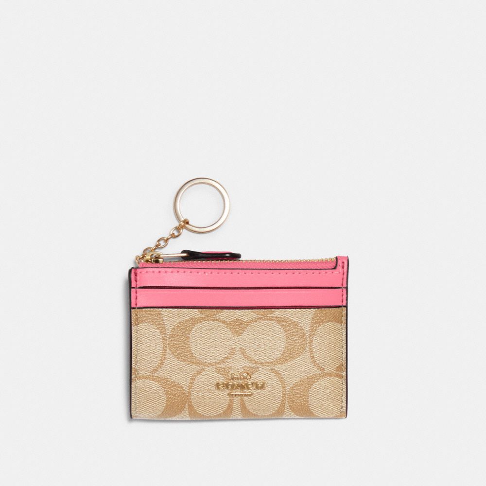 COACH 88208 MINI SKINNY ID CASE IN SIGNATURE CANVAS IM/LIGHT-KHAKI/CONFETTI-PINK