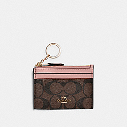 COACH 88208 Mini Skinny Id Case In Signature Canvas GOLD/BROWN SHELL PINK