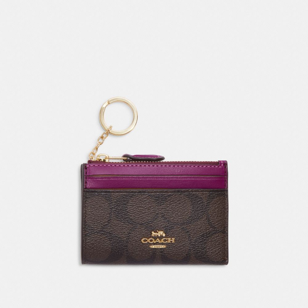 COACH 88208 Mini Skinny Id Case In Signature Canvas IM/BROWN/DARK MAGENTA