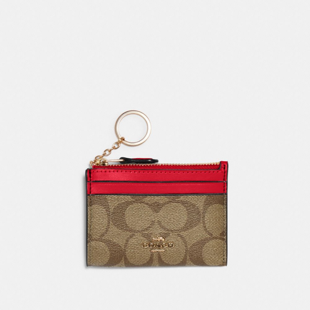 COACH 88208 Mini Skinny Id Case In Signature Canvas IM/KHAKI/ELECTRIC RED