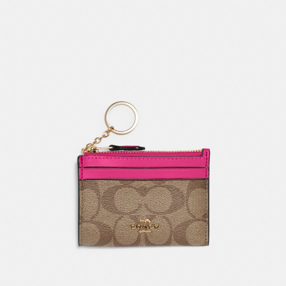 COACH 88208 Mini Skinny Id Case In Signature Canvas IM/KHAKI/CERISE