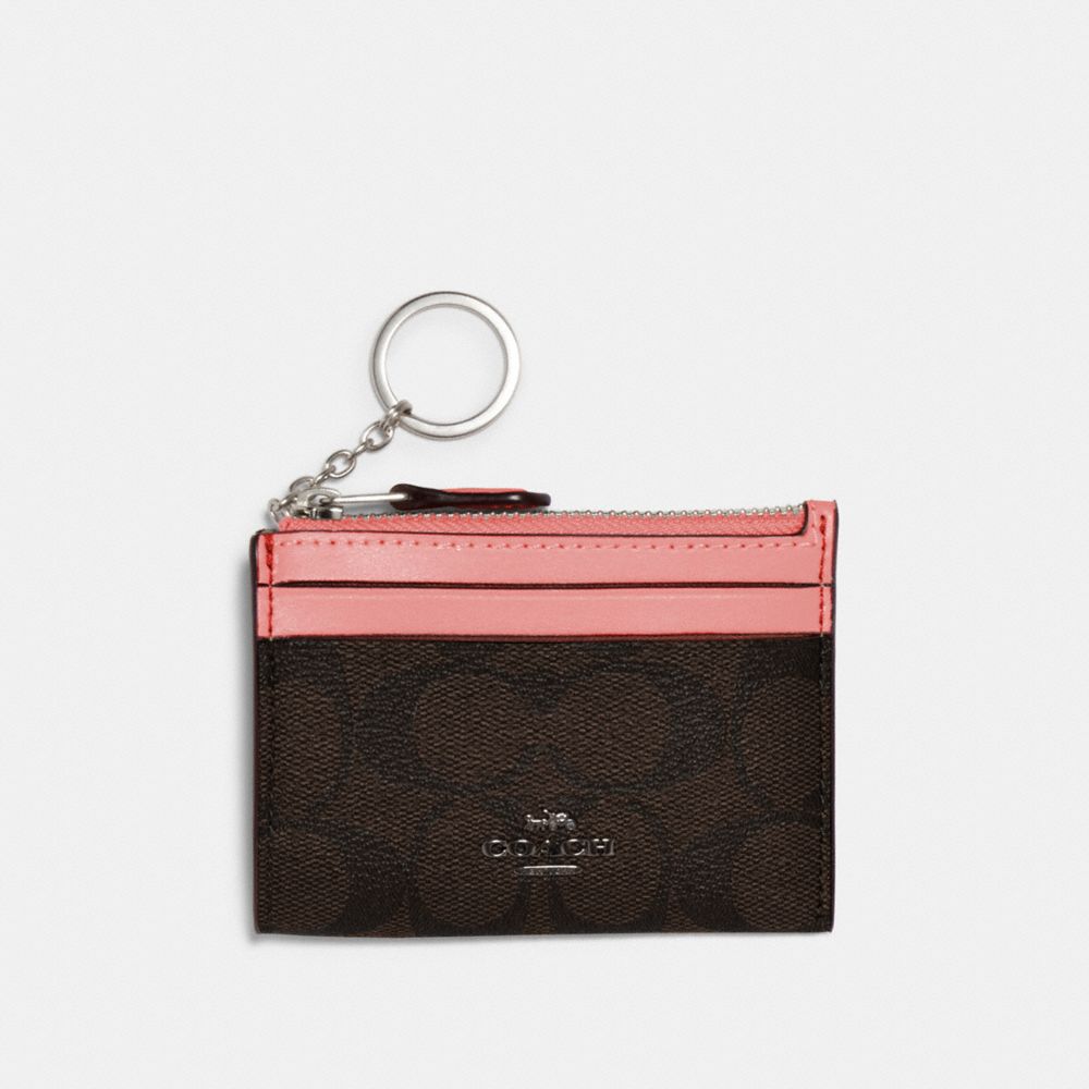 COACH 88208 Mini Skinny Id Case In Signature Canvas QB/BROWN PINK LEMONADE